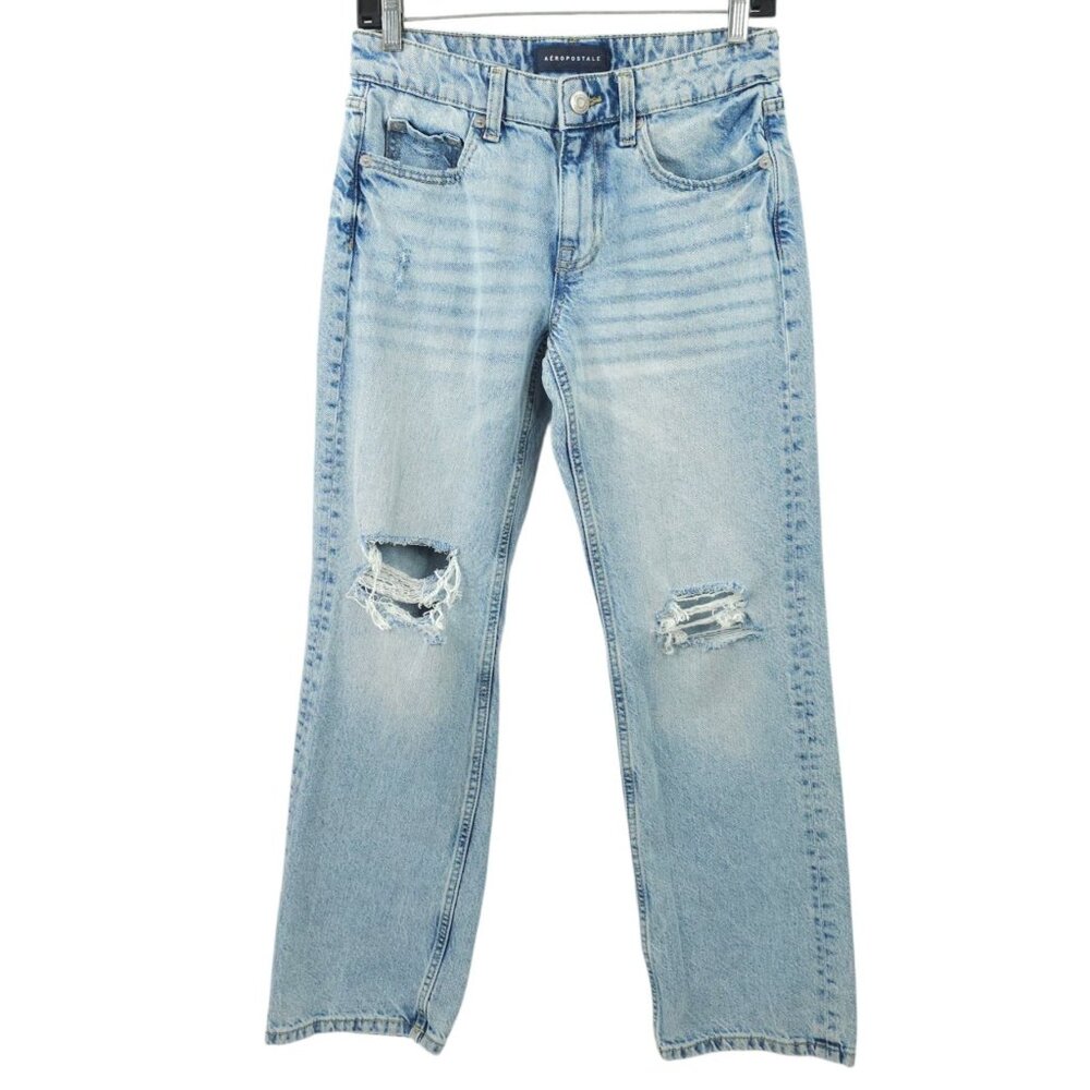 Aeropostale Low Rise Baggy Jeans Women 0 Short Distressed Ripped Whisker Denim